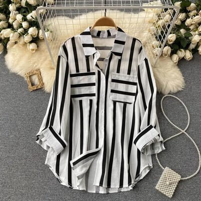 Zomer Nieuwe Mid-length Verticale Gestreepte Multi-color Shirt Jas voor Vrouwen Koreaanse Stijl Casual Losse Tops M zwart
