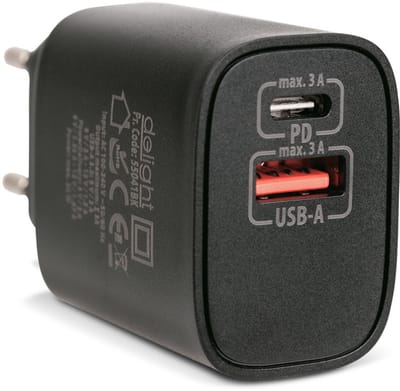 Oplaadblok Snellader – USB-A + USB-C Power Delivery 20W – Adapter / Netwerkadapter – Quick Charge 3.0 – Compact – zwart 1 Stuks [55041BK]