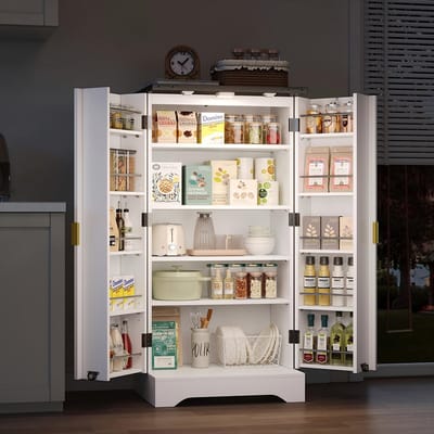 Pugsdrly - Keukenkast - 120(H)x 60,5(B) x 40(D) cm - met LED-sensorverlichting - en kruidenrek - met dubbele deuren - verstelbare planken - modern deurontwerp - ruime kast - wit