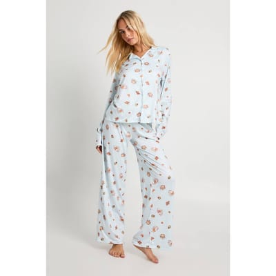 boohoo Dames Ontbijtdruk Langarmig Overhemd en Broek Pyjamaset | Blauw | Maat: 36