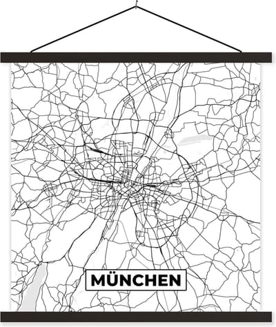 Posterhanger incl. Poster 60x60 cm - Schoolplaat - München - Stadskaart - Kaart - Plattegrond - Textielposter - Zwarte latten - Stadskaart