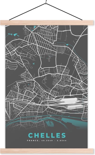 Posterhanger incl. Poster 40x60 cm - Schoolplaat - Plattegrond – Kaart – Stadskaart – Frankrijk – Chelles - Textielposter - Blanke latten - Stadskaart