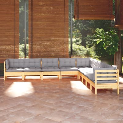 vidaXL - 9-delige - Loungeset - met - grijze - kussens - massief - grenenhout