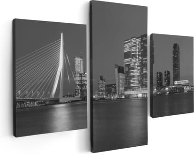 Artaza Canvas Schilderij Drieluik Rotterdamse Skyline - Zwart Wit - 90x60 - Foto Op Canvas - Canvas Print
