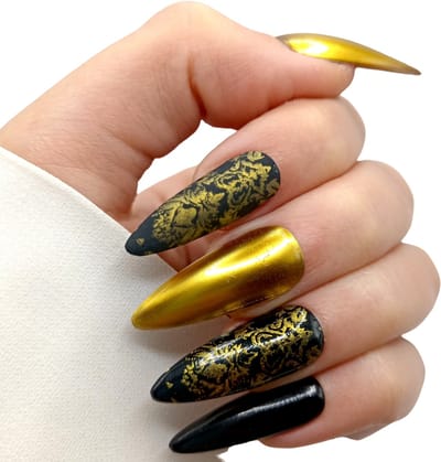 SD Press on Nails - No. 34 Gold Lux - XL Stiletto - Zwart Metallic Goud - Plaknagels - Gelnagels - Handgemaakte Nagels - 20 stuks - Cosplay - Accessoires - (gel)Nagellak - Nepnagels - Nagelstudio - Nail Art - Nagels met lijm - Halloween