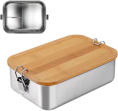 Lunchbox voor volwassenen en kinderen, roestvrij staal, broodtrommel met 2 vakken/3 vakken, metalen doos met houten deksel, BPA-vrij, metalen brooddoos, ontbijtbox voor school/uitstapjes (1200