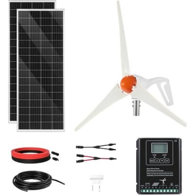 VEVOR 12V 400W hybride zonne-windenergiekit, inclusief 2 x 100W mono zonnepanelen en 200W windturbine met MPPT hybride laadregelaar voor wind- en zonne-energie, off-grid energie voor thuisgebruik, campers, boten, caravans en recreatievoertuigen.