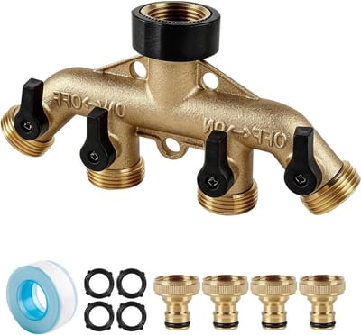 4-Weg Messing Waterverdeler G3/4 Inch Kraanventiel met 1/2 Inch Adapter, Tuin Wateraansluiting, Slangverbinder met Metalen Handgreep en Duurzaam Ontwerp