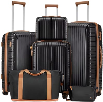 Reisbagageset – Voor reizen – Stevig en duurzaam met TSA-slot, waterdichte uitbreidbare plunjezak en toilettas – 6-delig – Zwart – 51/61/71 cm