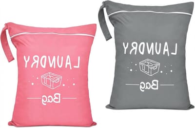 Grote waterdichte waszak met ritssluiting en handvat voor reizen, fitness en camping - 2 stuks 55 x 45 cm, wasbare en praktische opbergoplossing in grijs-roze