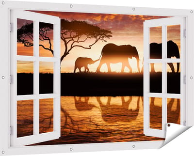 Gards Tuinposter Doorkijk Schotse Hooglander Koe in de Bergen - 150x100 cm - Tuindoek - Tuindecoratie - Wanddecoratie buiten - Tuinschilderij