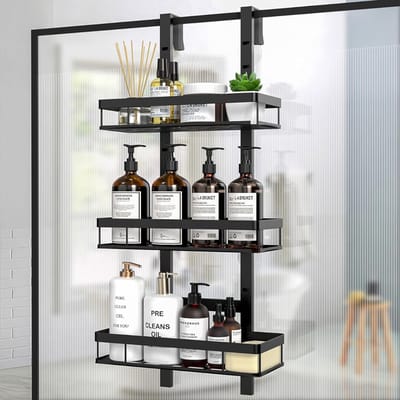 YOR® Doucherek aan Douchewand - Hangend Badkamerrek – Deurrek Met Mandjes – Doucheplank – Ophangbaar Doucherek Zonder Boren - Zwart- 10cm x 26cm x 64cm