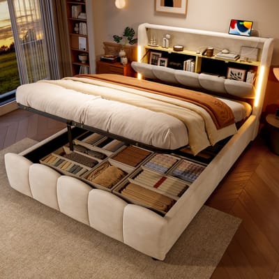 MIVRAY Gestoffeerd Bed 140x200 Cm - Met Led Verlichting En Hoofdbord Met Opbergruimte - Met Usb En Type C - Fluweel - Beige - Zonder Matras