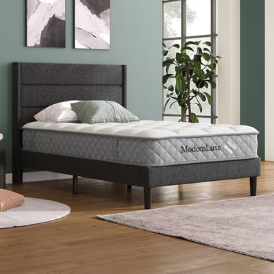 Gestoffeerd bed 90 x 200 cm - met bedframe - lattenbodem en hoofdeinde - eenpersoonsbed - linnen stof - grijs - inclusief matras