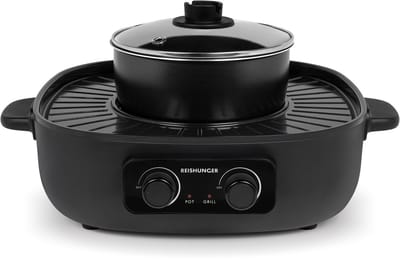 REISHUNGER Elektrische Hot Pot met Grillfunctie – voor 2-4 personen – 2 liter inhoud – Hot Pot met deksel – voor Koreaanse BBQ
