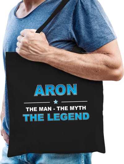 Naam cadeau Tasje voor Aron - The man, The myth the Legend - katoenen - zwart - verjaardag - vaderdag - collega - vriendin