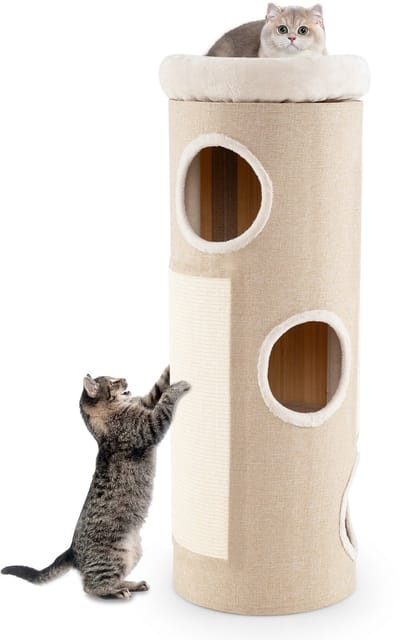 COSTWAY Krabton met 4 niveaus, 113 cm hoog, kattenton met 3 holtes, 2 sisal-krabplanken, pluche bed en bamboemat, speelton voor katten, kattenmeubels binnen, kattentoren, kattenboom, krabpaal, naturel