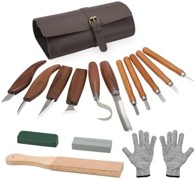 Dailygoods- Houtsnijwerkset 16-delig - Professionele uitvoering - Snijmessen - Leren tas - Wetsteen - Veiligheidsaccessoires - Snijgereedschap