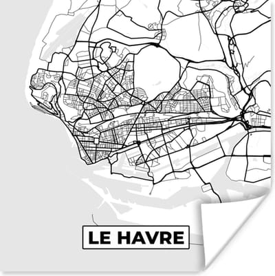Poster Kaart - Stadskaart - Le Havre - Frankrijk - Plattegrond - Zwart wit - 100x100 cm XXL