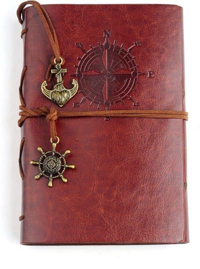 KELERINO. vintage Lederen Notitieboek met windroos  - Bruin