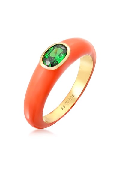 Elli - Ring - Dames Eenzaam Ovaal met Emaille oranje en Zirkonia Kristal groen in 925 Sterling Zilver Verguld - Dames