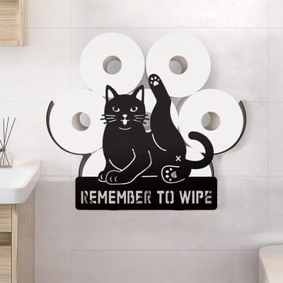 Dailygoods - WADORN Zwarte kat metalen toiletpapierhouder, vergeet niet om kat af te vegen decoratief metalen toiletpapier opslag voor extra 8 rollen grappige vrijstaande decor wandgemonteerde organizer voor