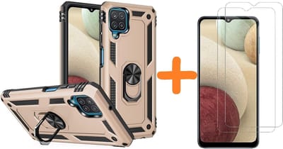 Hoesje Geschikt Voor Samsung Galaxy A12 5G Hoesje kickstand Armor met Ring houder TPU backcover hoesje - Goud met Galaxy A12 screenprotector 2 pack