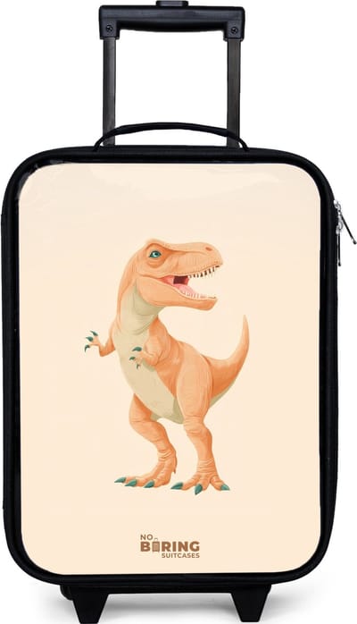 NoBoringSuitcases.com® - Kinderkoffer jongen - Kindertrolley meisje - T-rex dino in oranje kleuren - Koffer kind lichtgewicht - Reiskoffer trolley voor kinderen - Koffertje met lichtgevende wieltjes - Rolkoffer zwart