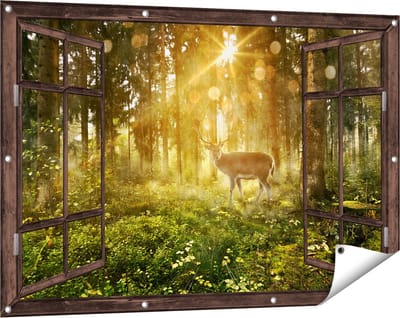 Gards Tuinposter Doorkijk Hert in Bos met Zon - 120x80 cm - Tuindoek - Tuindecoratie - Wanddecoratie buiten - Tuinschilderij