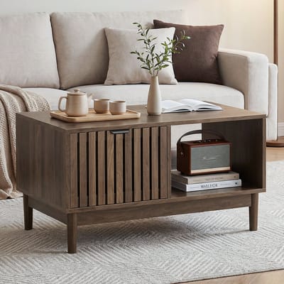 STILVORA Salontafel - Mid Century Design Met Lade En Open Vakken - Voor Woonkamer - MDF - 80x50x45 Cm - Walnootkleur