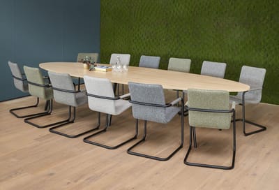 Vergadertafel Victory ellips 420x120 cm op 3 poten frame Aluminium (RAL9006) blad Havanna