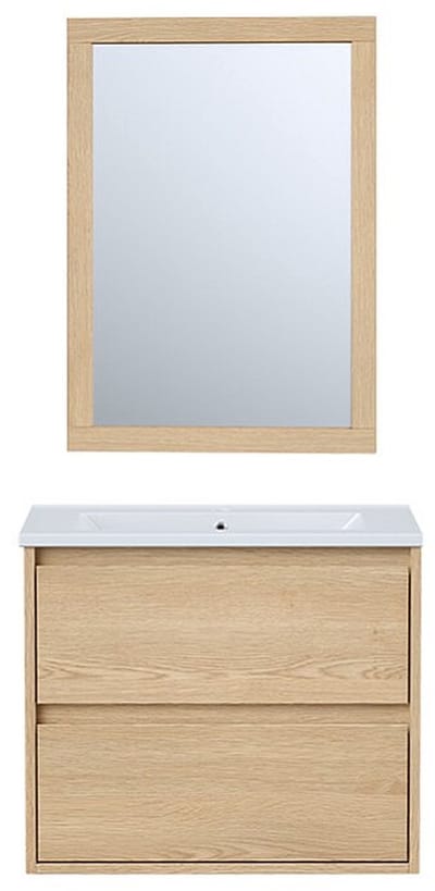 Vente-unique Zwevend badkamermeubel met ingebouwde wastafel en spiegel - Eiken fineer - 60 cm - MILIPAM