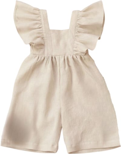 Joya Kids® Linnen Meisjes Broekpakje | Baby & Peuter Jumpsuit met Ruffles | Zomer Romper Licht Beige | Zomersetje Gebroken Wit | Luchtige Zomerkleding Meisje | Maat 74 t/m 100 | 6 Maanden tot 3 jaar | Maat 74