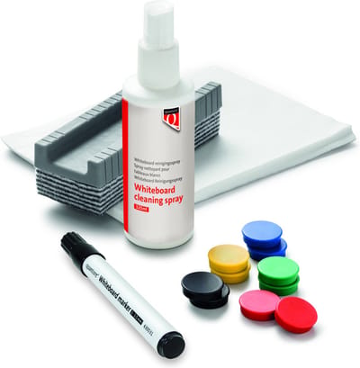 Whiteboard Quantore 120x90cm magnetisch - 2 whiteboard markers zwart, whiteboard wisser, schoonmaakdoekjes, reinigingsspray 125ml, 10 magneten, met afleggoot en bevestigingsmateriaal