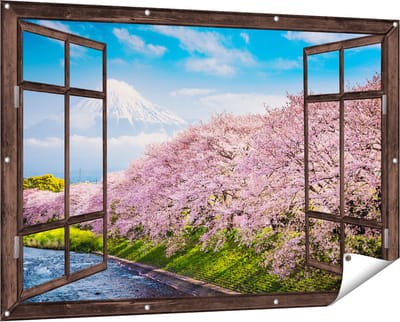 Gards Tuinposter Doorkijk Roze Bloesembomen bij de Fuji Berg - 150x100 cm - Tuindoek - Tuindecoratie - Wanddecoratie buiten - Tuinschilderij