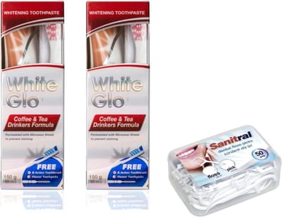 White Glo Premium Koffie- en Thee drinkerformule Intense Extra Whitening Tandpasta & Tandenborstel - 100 ml (Pak van 2) met Sanitral 50 Stuks Tandzijdestick Inbegrepen als cadeau