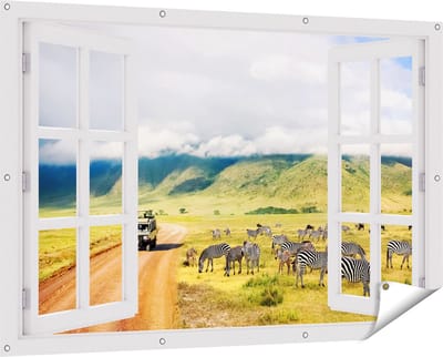 Gards Tuinposter Doorkijk Safari Auto tussen de Zebra's - 150x100 cm - Tuindoek - Tuindecoratie - Wanddecoratie buiten - Tuinschilderij