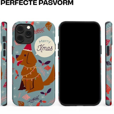 Casetastic hoesje geschikt voor Apple iPhone 12 Pro Max - MagSafe - Dubbellaagse bescherming - Merry Christmas Hond - Fashion Case - Zilver Bruin Saliegroen Rood