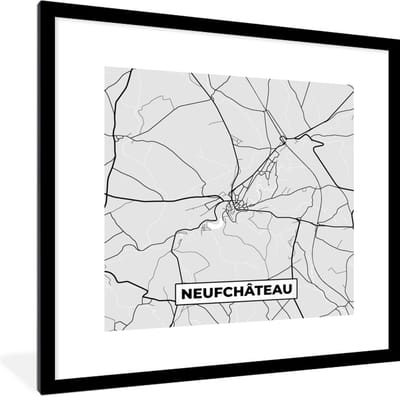 Fotolijst incl. Poster Zwart Wit- Stadskaart – Plattegrond – België – Zwart Wit – Neufchâteau – Kaart - 40x40 cm - Posterlijst