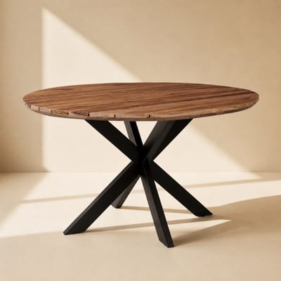 Sfeerwonen Enzo Tuintafel Rond - 110 cm – Teakhout Naturel – Outdoor – Swiss Edge – Matrix Spinpoot Zwart - 4 personen