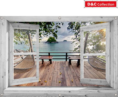 Tuinposter - 130x95 cm - doorkijk - openslaand wit venster - vlonderterras - tuindoek - schuttingposter - tuindecoratie - buiten poster met zeezicht