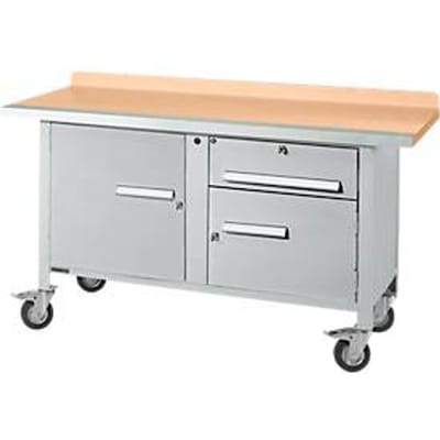 Mobiele werkbank Schäfer Shop Select PWi 150-3, beuken multiplex blad, met stalen rand, tot 400 kg, B 1500 x D 700 x H 840 mm