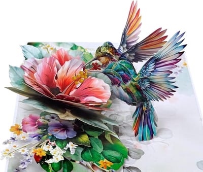 3D Pop-Up Wenskaart met Kolibries en Hibiscus - Valentijnsdag, Jubileum & Bruiloft