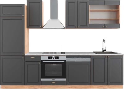 Vicco Fame-Line Complete keukeneenheid – 300 cm, WB Marmer Antraciet Landhuis/Goud Kraft Eik