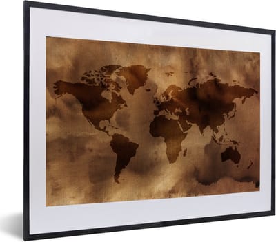 Poster in lijst - Fotolijst 60x40 cm - Posters - Wereldkaart - Bruin - Patronen - Posterlijst zwart - Decoratie - Wanddecoratie woonkamer - Muurdecoratie slaapkamer