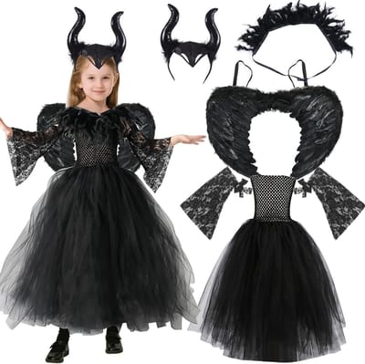 Evil Queen Kostuum Set voor Meisjes - 5 Delige Halloween Outfit met Hoorns, Zwarte Vleugels en Cape voor Carnaval en Cosplay