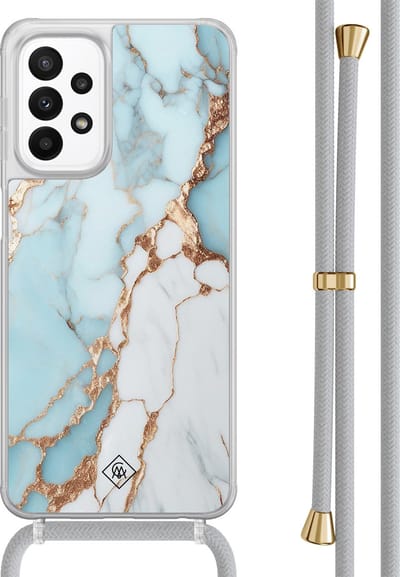 Casimoda® hoesje met grijs koord - Geschikt voor Samsung A23 - Marmer Lichtblauw - Afneembaar koord - TPU/acryl - Blauw