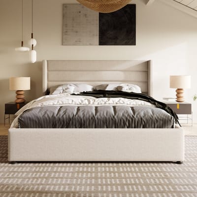 MEUNIQ Gestoffeerd opbergbed 180x200 cm met hydraulische opbergruimte, gepolsterd hoofdbord en linnen bekleding, beige
