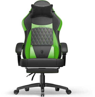 Dowinx Ergonomische Bureaustoel / Gamingstoel – Met Massagefunctie – Met Voetensteun – Voor Thuiswerken En Gamen – Pocketveren Zitkussen – Dubbel gevoerde Rugleuning & Verstelbaar Lendenkussen – Met Armleuningen en Voetensteun – Zwart en groen
