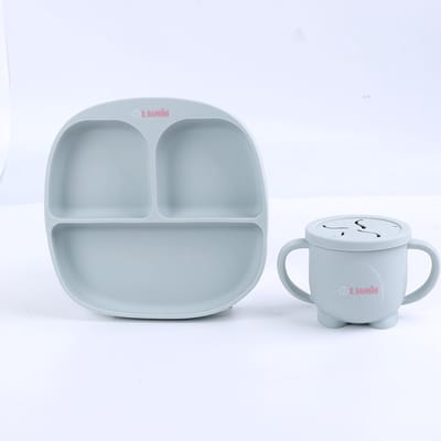 IL BAMBINI - 2-delige bpa-vrij siliconen Kinderservies Set lichtgroen/grijs - Kinderbord en SnackBeker - Kraamcadeau - Babycadeau